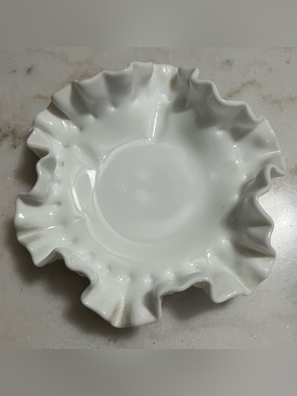 VINTAGE FENTON WHITE MILK GLASS HOBNAIL RUFFLED BOWL 6” TRINKET CANDY DISH